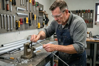 Artisan utilisant un cintreur manuel pour plier un tube aluminium fin sans déformation en atelier