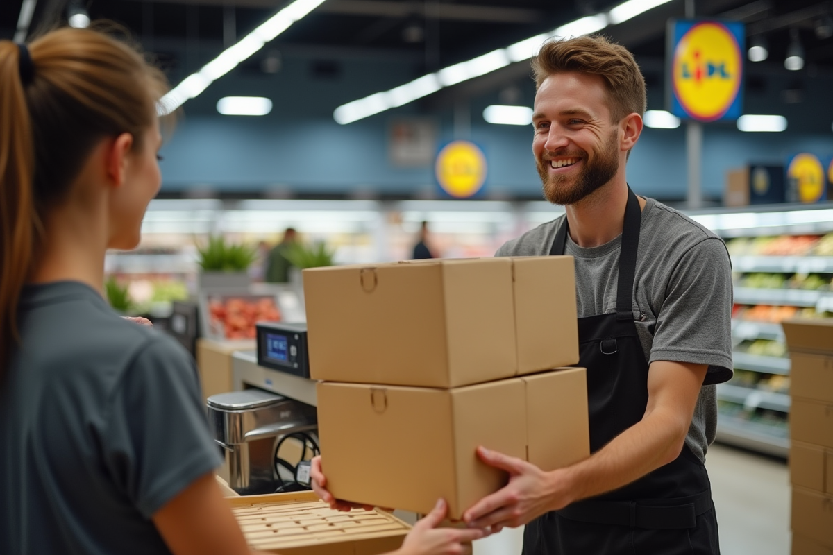 Client souriant recevant des cartons vides chez Lidl