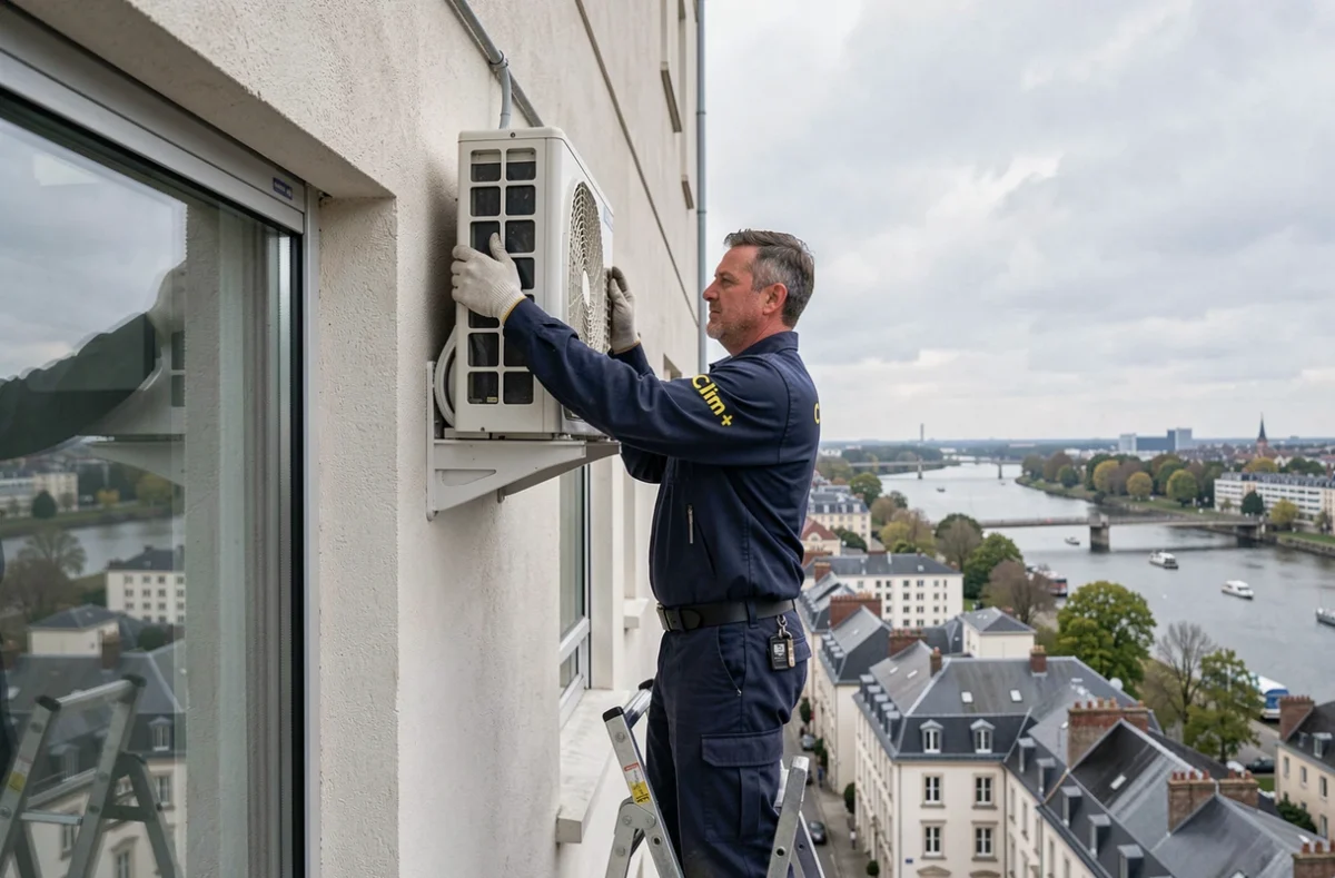 Technicien Clim+ fixant une unité extérieure de climatisation sur un immeuble résidentiel à Rezé près de Nantes