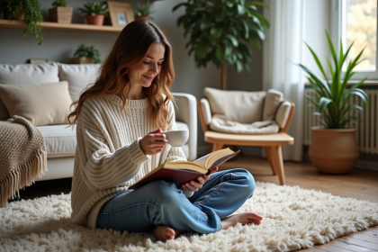Femme assise sur un tapis cosy lisant un livre avec thé