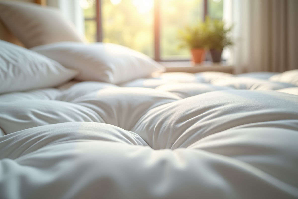 Coin de matelas luxe avec lumière naturelle et étiquette