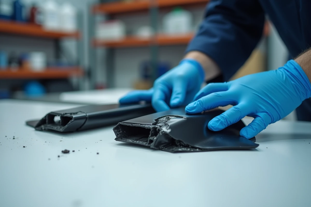 Gros plan sur l'application de colle époxy bicomposant pour réparer un pare-choc en plastique automobile