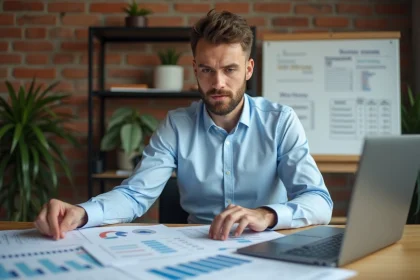 Homme comparant des devis travaux sur ordinateur portable et documents papier dans un bureau professionnel