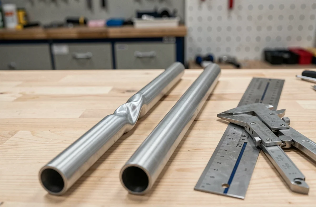 Comparaison entre un tube aluminium tordu déformé et un tube aluminium droit sur un établi d'atelier
