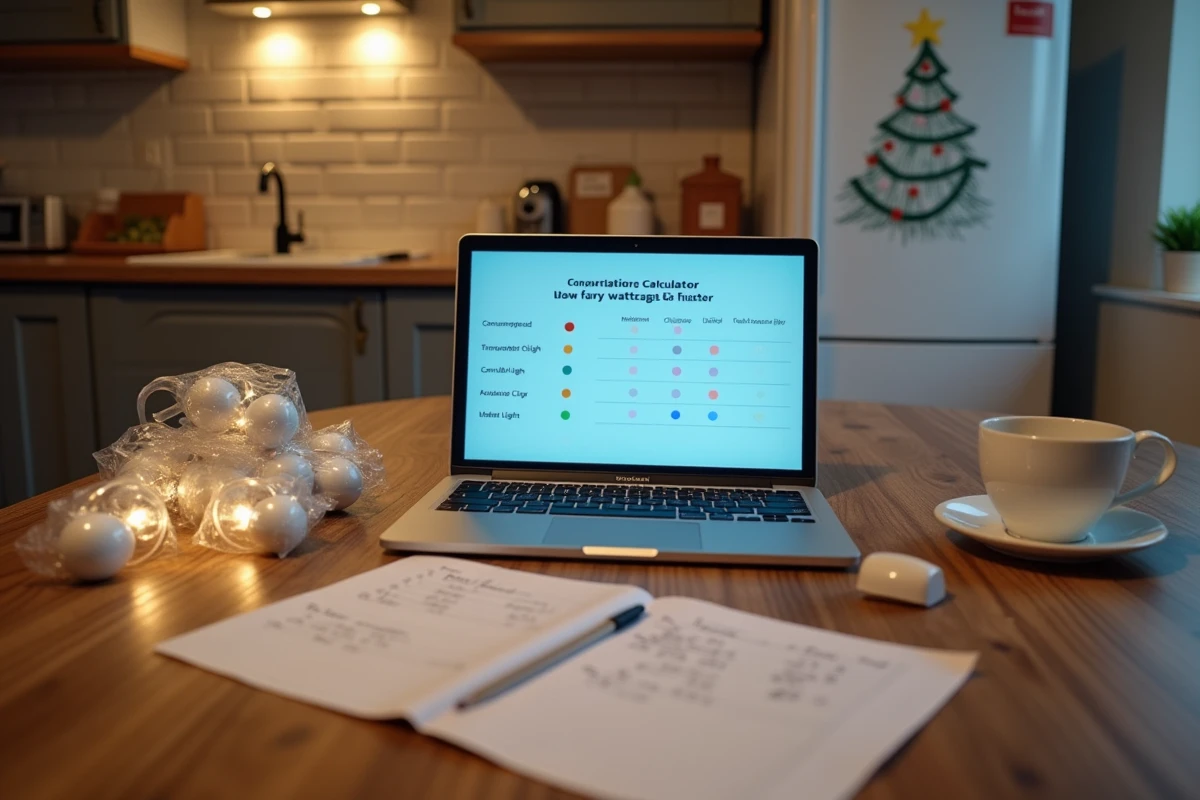 Table de cuisine avec ordinateur portable et guirlandes LED en comparaison de consommation pour préparer une décoration de Noël économique