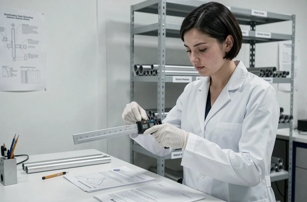 Ingénieure contrôlant la rectitude d'un tube aluminium fin avec une règle de précision en laboratoire qualité
