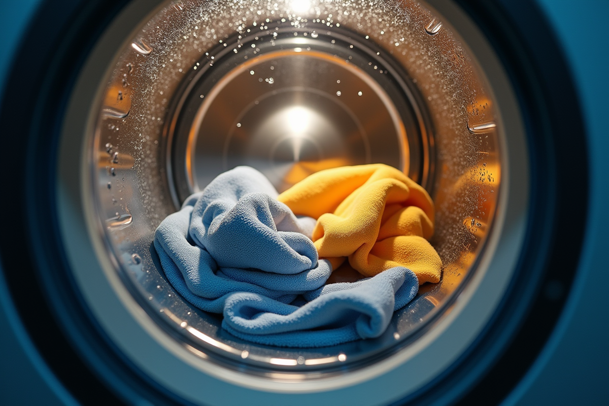 Intérieur du tambour en cycle de lavage avec vêtements mouillés