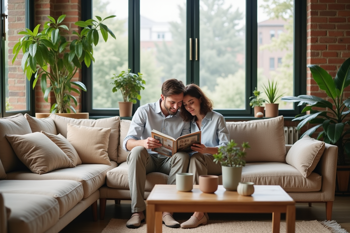 Jeune couple lisant livre d interieur dans salon lumineux