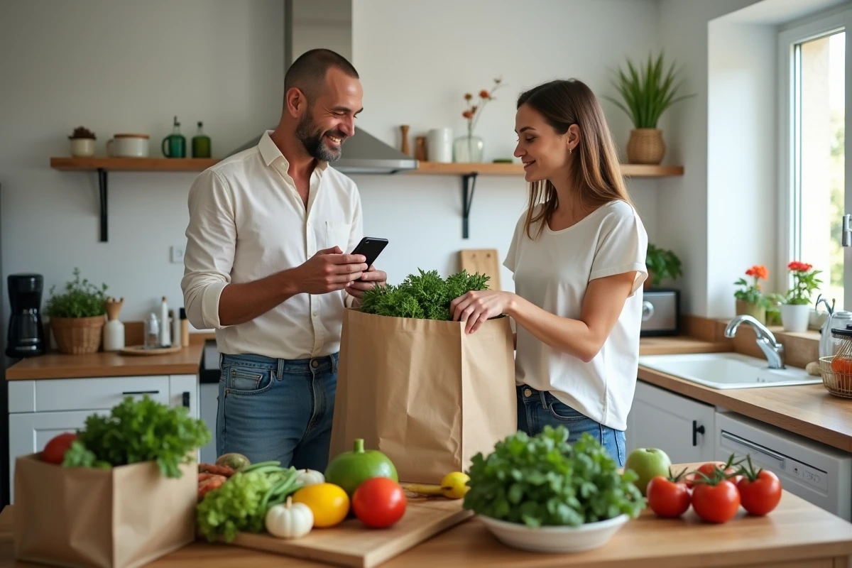 Couple déballant de grosses courses livrées à domicile depuis un supermarché en ligne dans leur cuisine