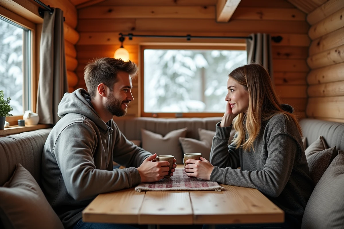 Jeune couple dans un chalet cosy en intérieur
