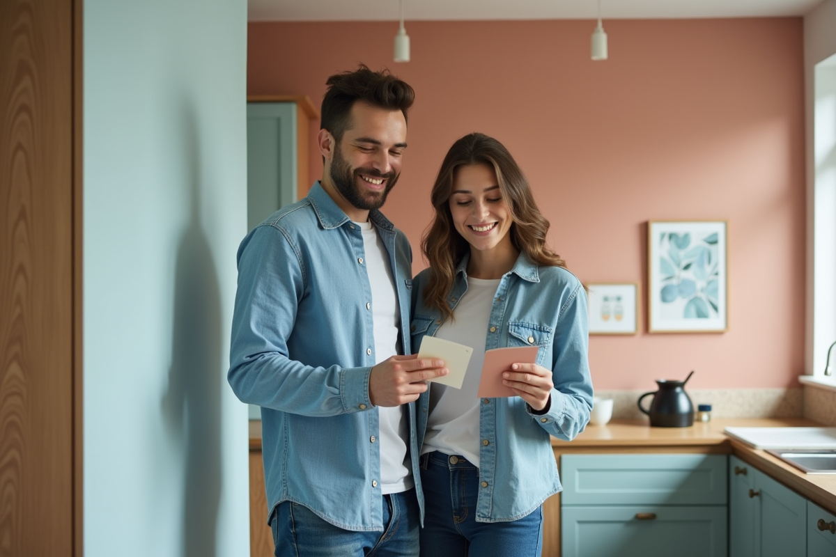 Jeune couple examinant des échantillons de couleur dans un appartement