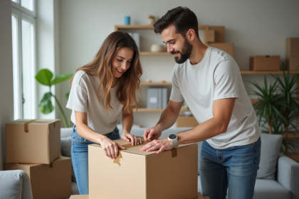 Jeune couple emballant une boxe dans un appartement moderne