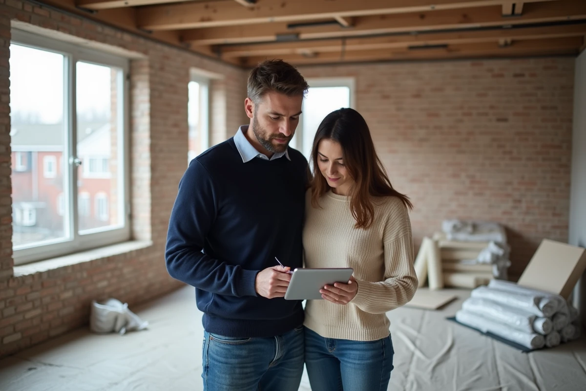 Couple examinant un guide de rénovation complète dans un salon en chantier