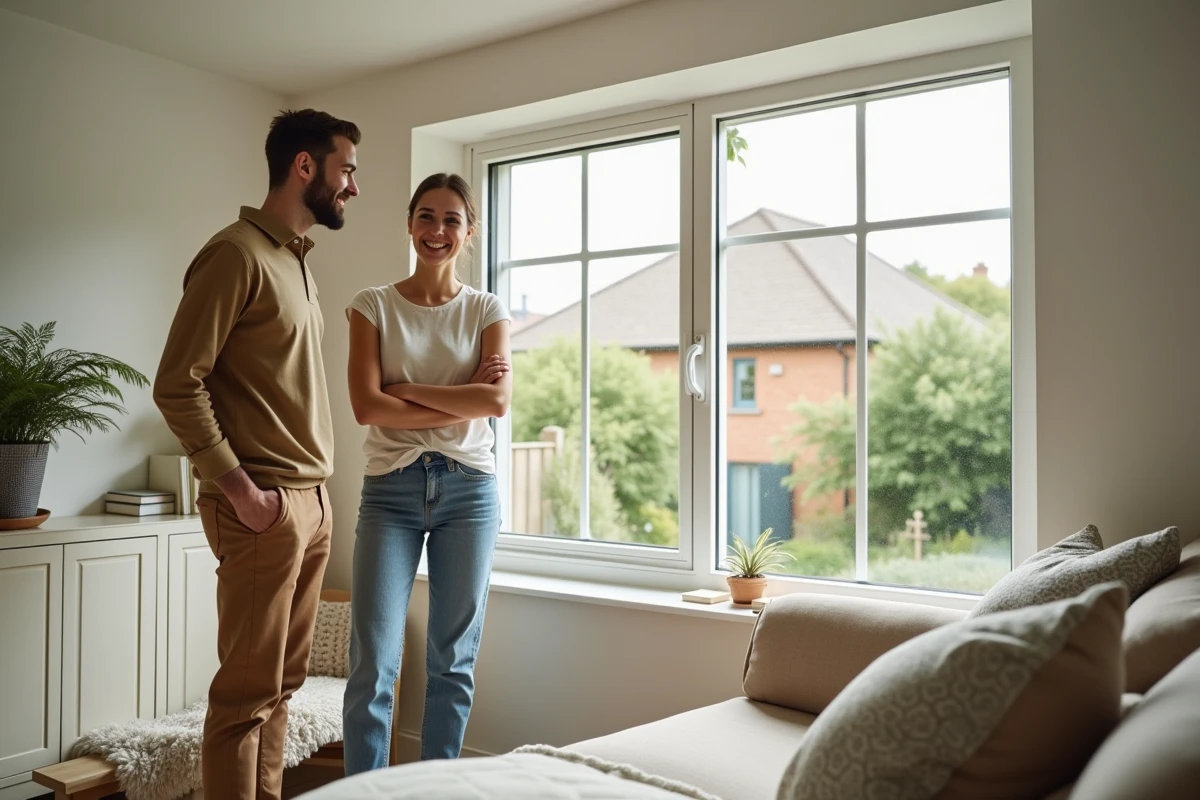 Jeune couple inspectant des fenetres energie dans leur salon