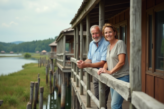 Couple français souriant sur la jetée en bois au bord de la rivière