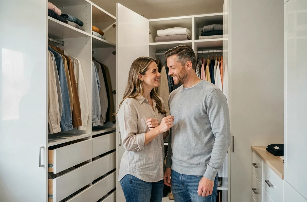 Couple organisant leur dressing commun avec placards sur mesure blancs et rangements ouverts dans une chambre moderne