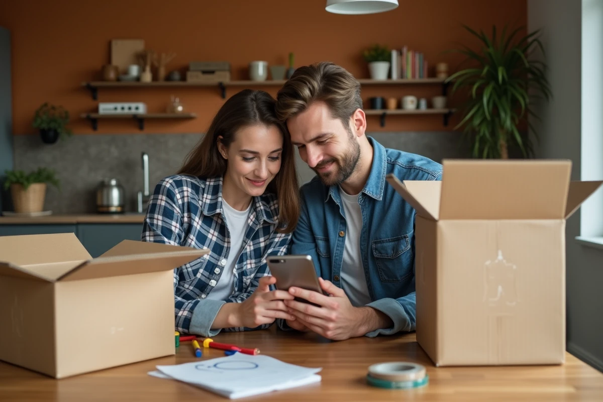 Couple consultant une application de dons de cartons gratuits pour organiser un déménagement longue distance depuis leur appartement
