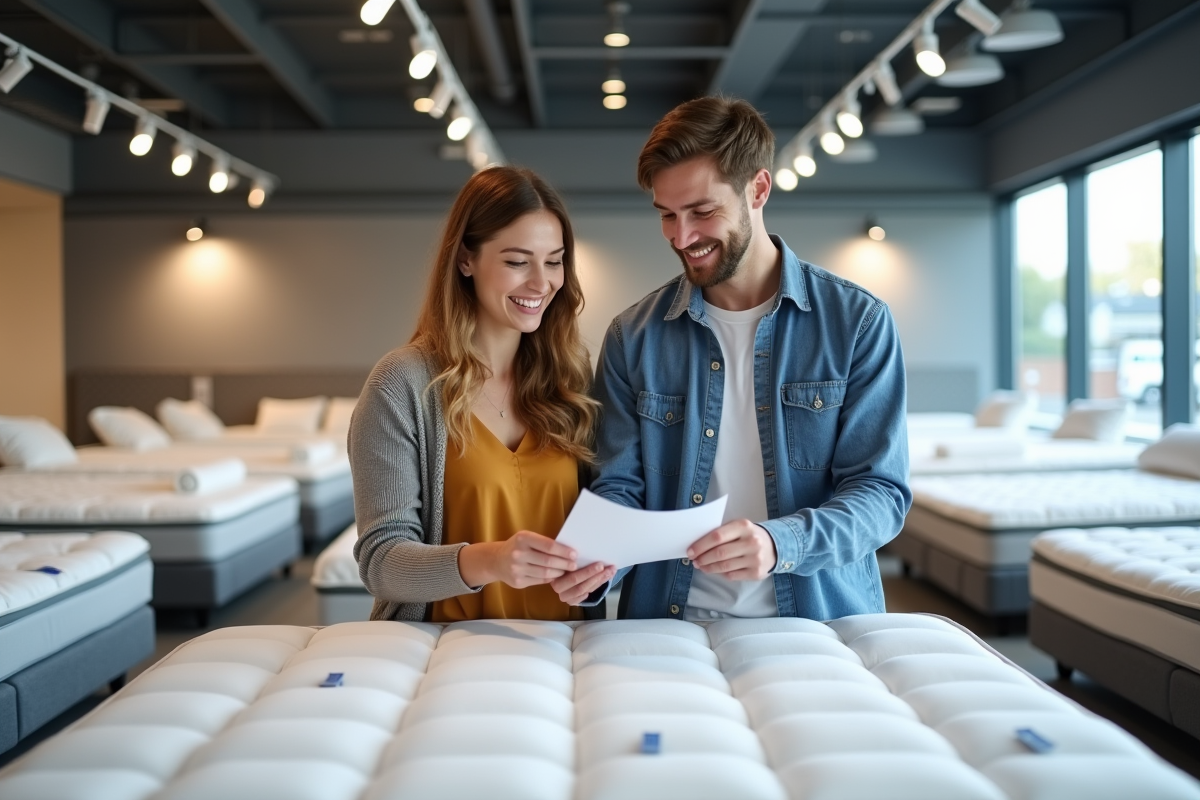 Jeune couple testant des matelas dans un showroom lumineux