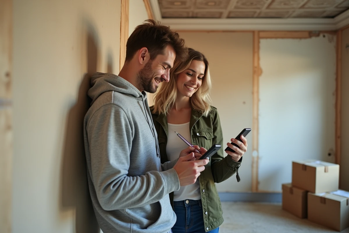 Couple mesurant et planifiant des travaux dans une pièce inachevée avec une application mobile de bricolage