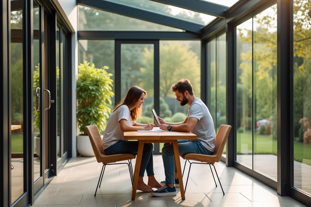 Jeune couple discutant à table veranda lumineuse