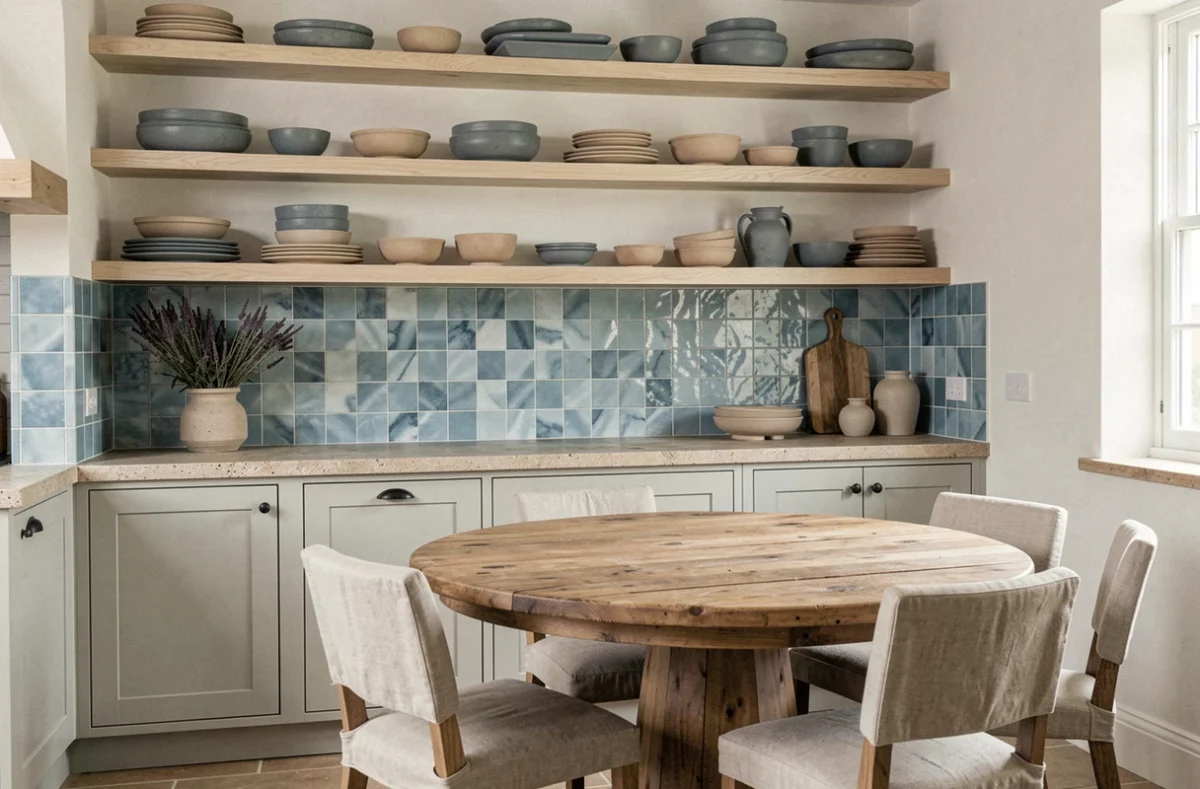 Cuisine salle à manger bord de mer avec zellige bleu gris, vaisselle en grès mat et table en bois recyclé