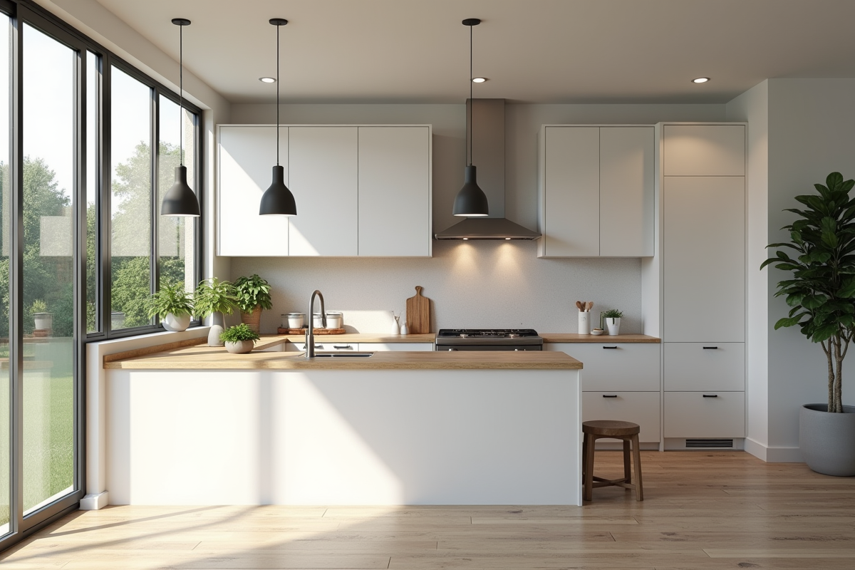 Cuisine contemporaine blanche avec îlot en bois et lumière naturelle