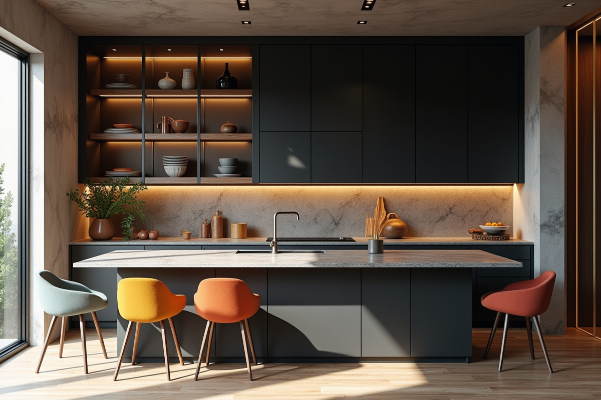 Cuisine moderne éclectique avec meubles noirs et coin petit déjeuner