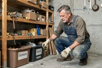 Homme triant des déchets dans un garage encombré lors d'un débarras à Pontivy