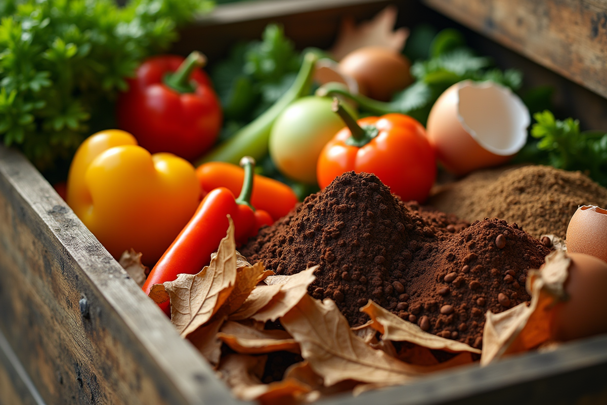 Gros plan sur des déchets alimentaires dans un composteur en bois