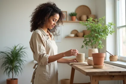 Femme arrangeant des objets décoratifs éco-responsables faits main sur une étagère en bois recyclé dans un intérieur scandinave minimaliste