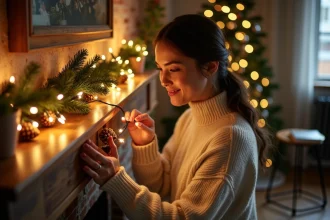 Femme arrangeant des guirlandes LED économiques sur un manteau de cheminée décoré pour Noël dans un intérieur chaleureux