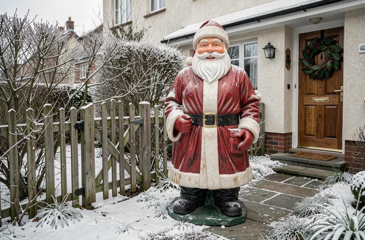 Grande décoration de père Noël en résine installée dans un jardin extérieur avec neige légère et portail en bois