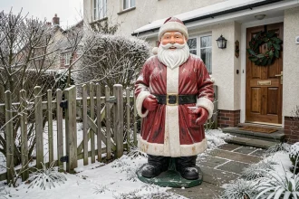 Grande décoration de père Noël en résine installée dans un jardin extérieur avec neige légère et portail en bois