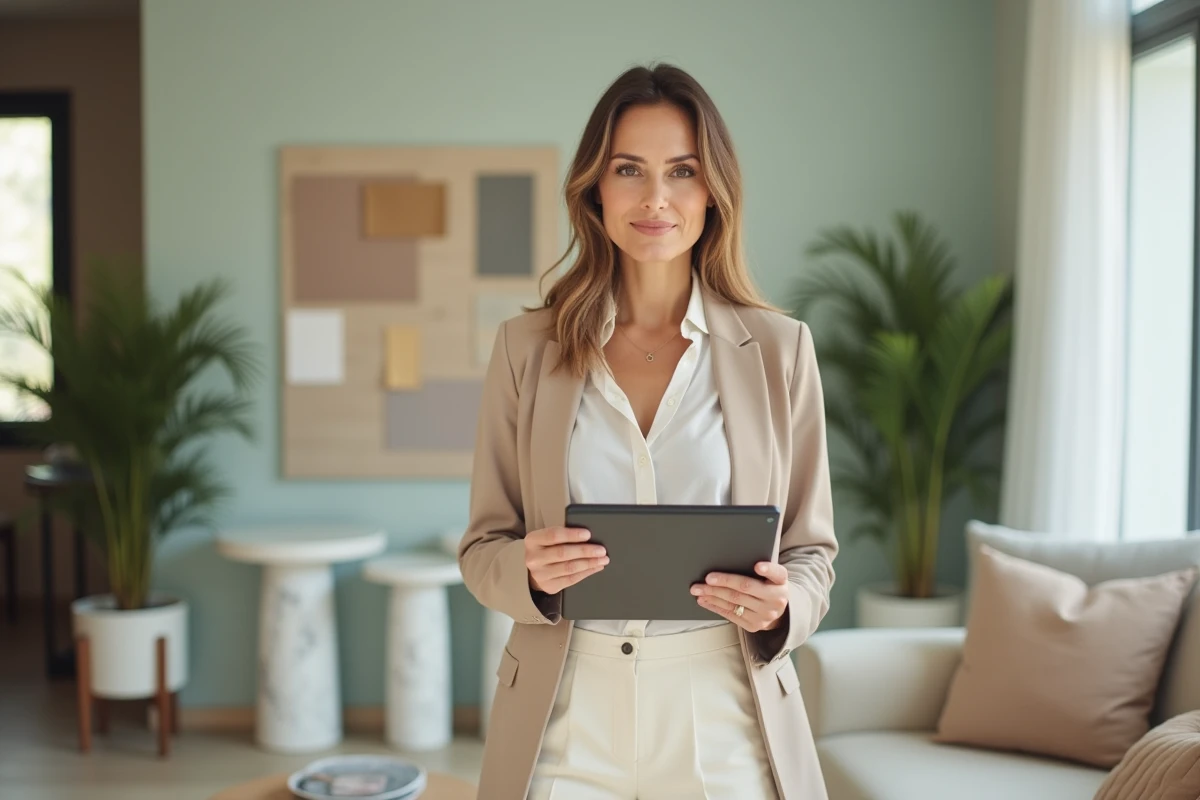 Décoratrice d'intérieur utilisant un simulateur de décoration sur tablette dans un salon luxueux en cours d'aménagement
