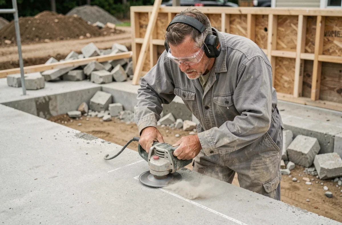 Ouvrier en combinaison grise découpant une dalle béton en ligne droite avec une meuleuse d'angle sur un chantier de construction résidentiel