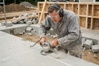 Ouvrier en combinaison grise découpant une dalle béton en ligne droite avec une meuleuse d'angle sur un chantier de construction résidentiel