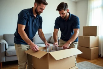 Deux déménageurs emballant du verre dans un salon lumineux