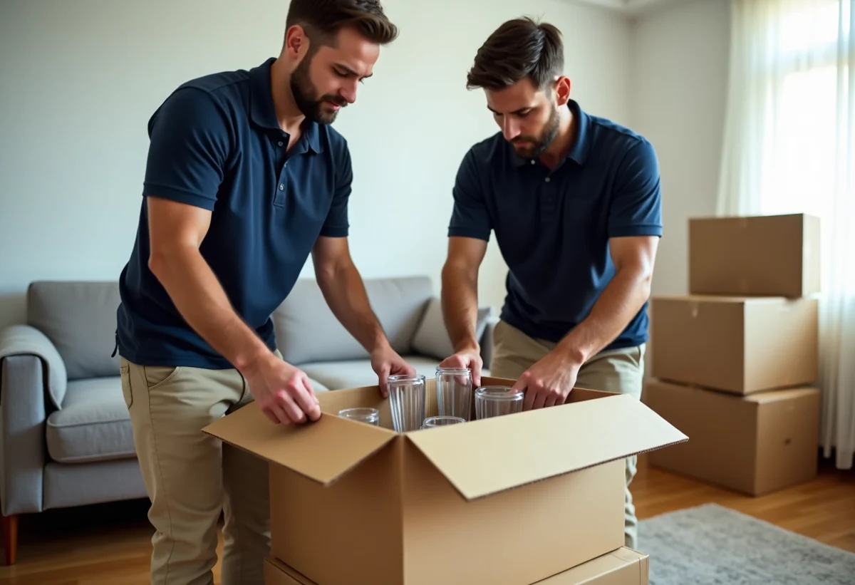 Deux déménageurs emballant du verre dans un salon lumineux