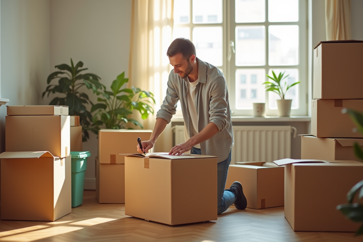 Personne déchiquetant des cartons dans un salon lumineux