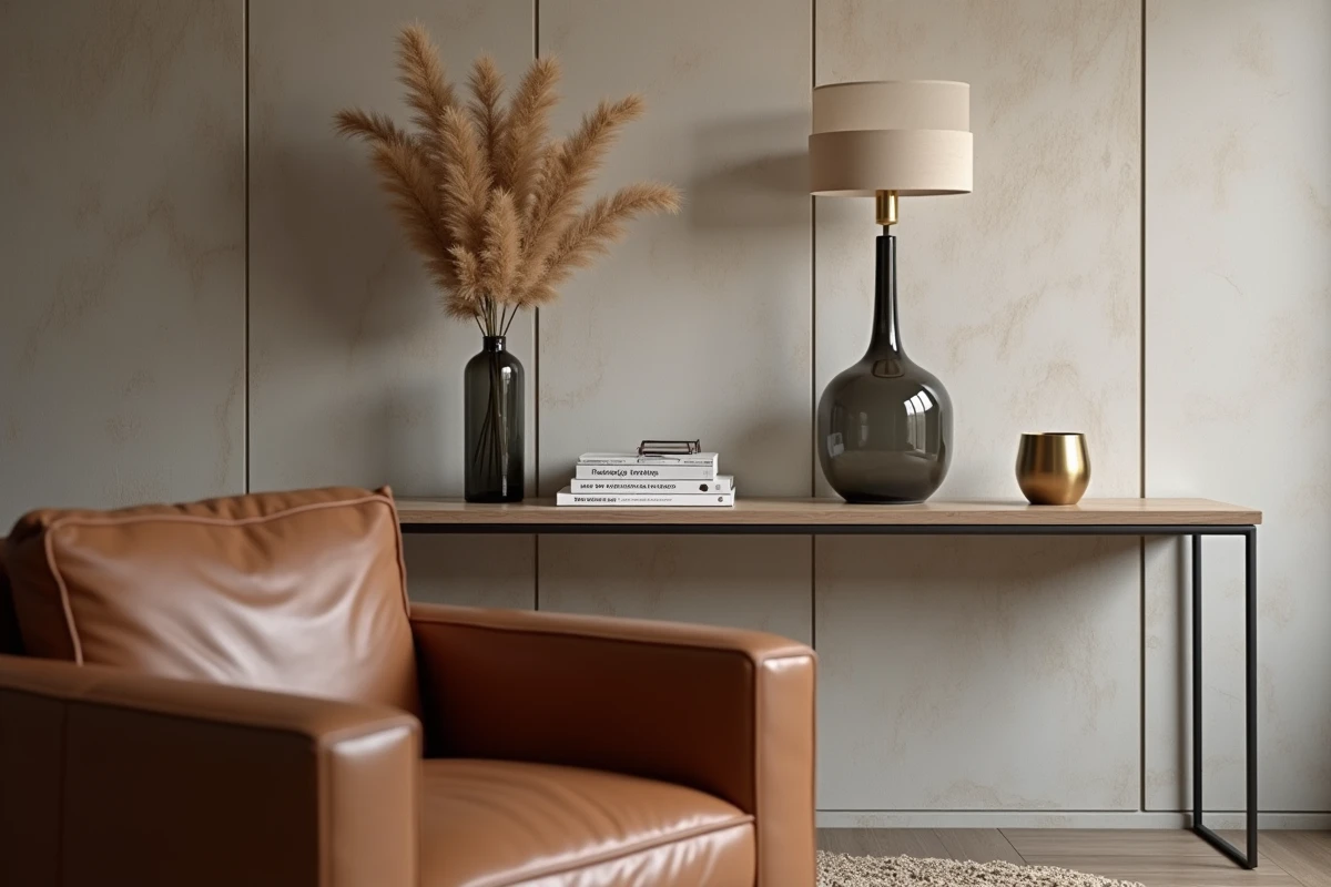 Détail de décoration intérieure haut de gamme avec console stylisée, vase en verre fumé et fauteuil en cuir cognac dans un salon raffiné