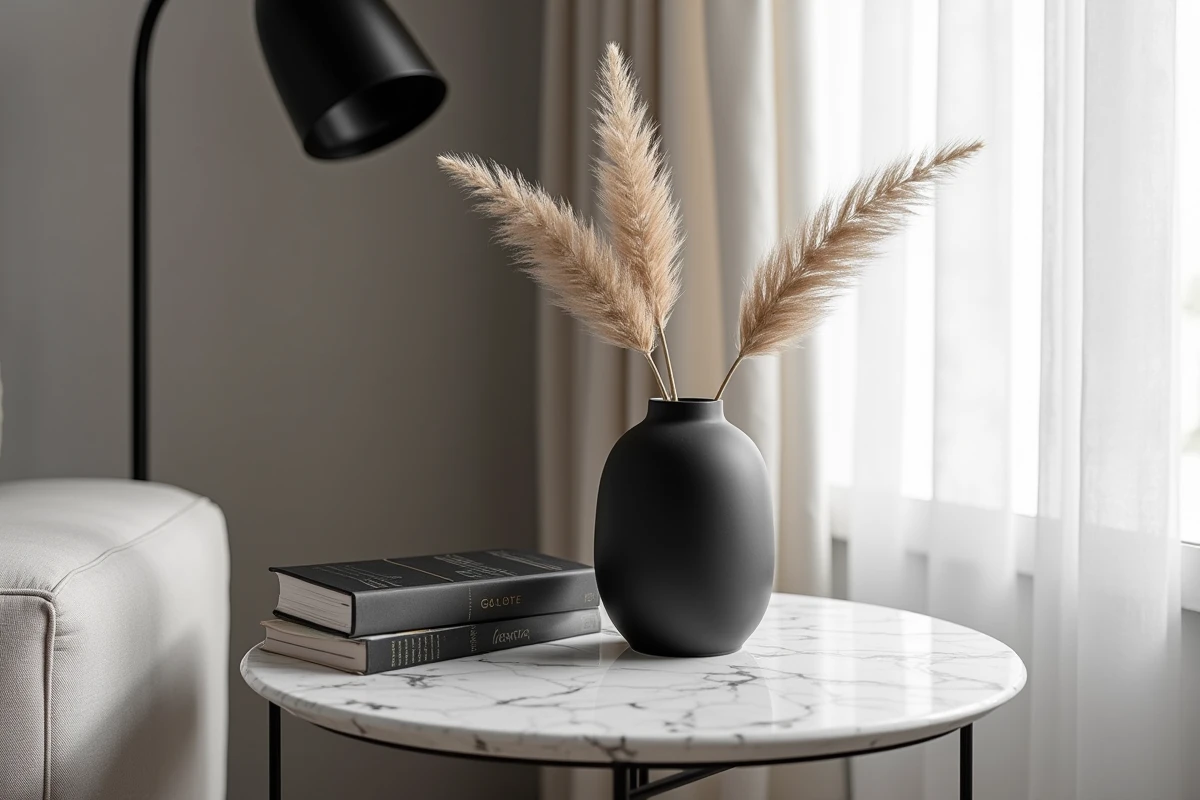 Détail de table en marbre blanc Carrara avec vase céramique noir et herbe de la pampa dans un salon monochrome contemporain