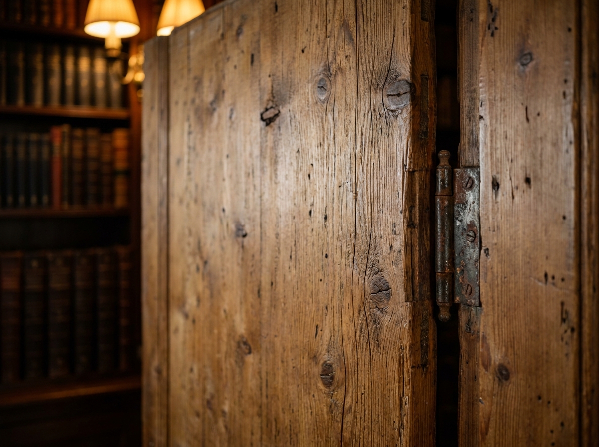 Gros plan sur la charnière et le panneau en pin ancien d'une porte battante patinée dans un bureau bibliothèque douillet