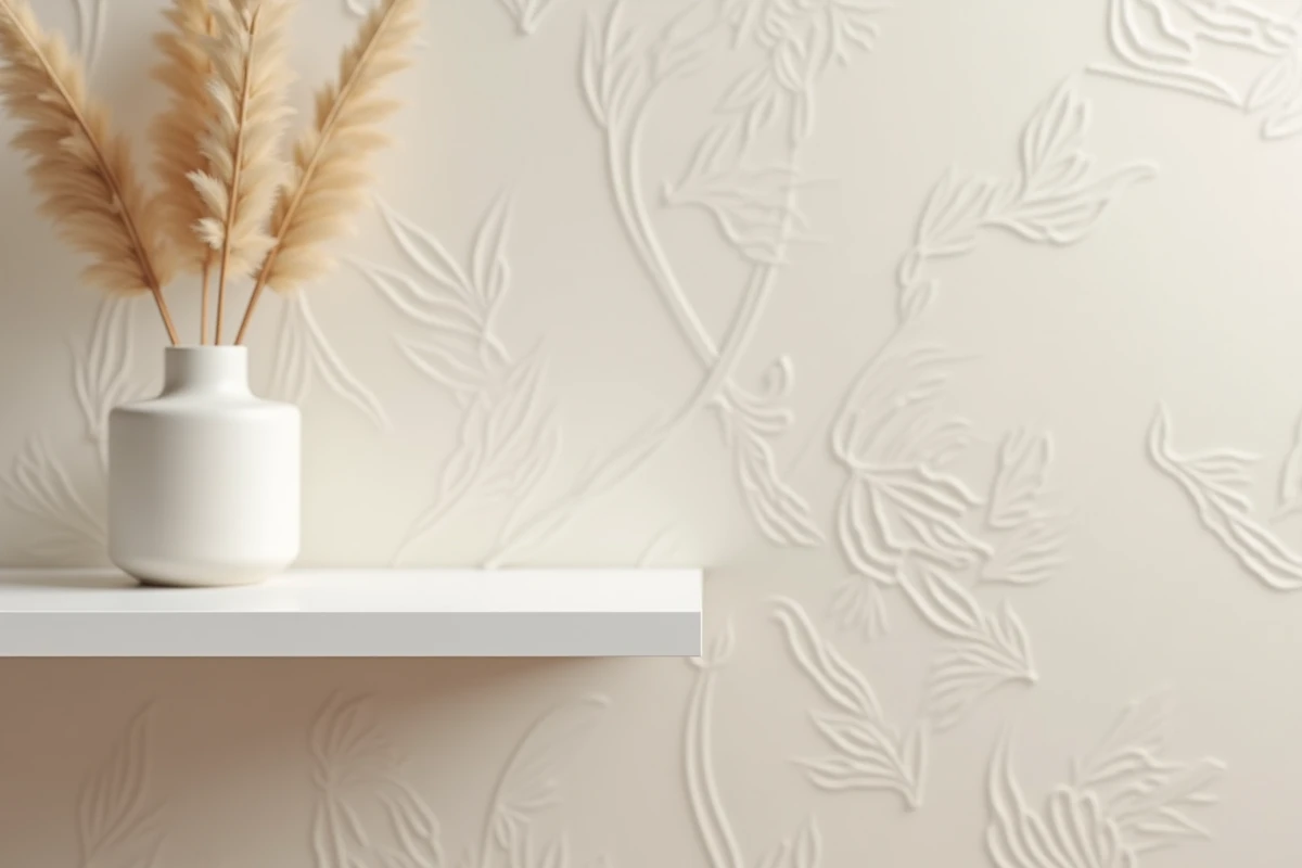 Détail texture papier peint motif beige botanique dans un intérieur minimaliste scandinave