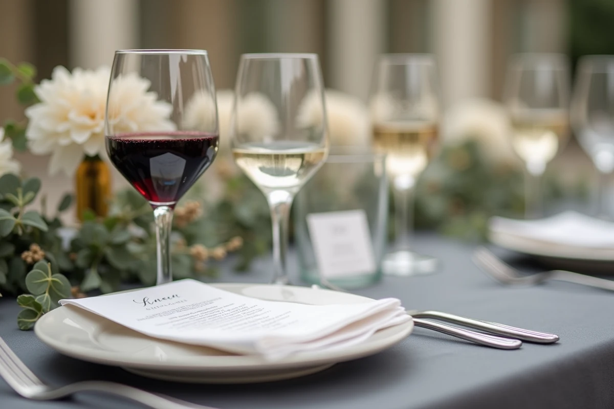 Gros plan sur le triangle de verres d'une table de mariage formelle : verre à vin rouge, verre à vin blanc et flûte à champagne positionnés selon les règles de dressage