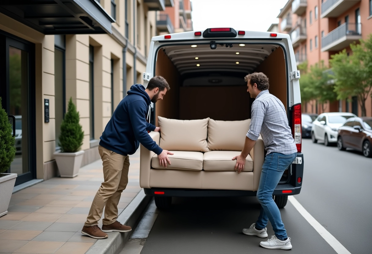 Deux hommes chargeant un canapé dans une camionnette urbaine