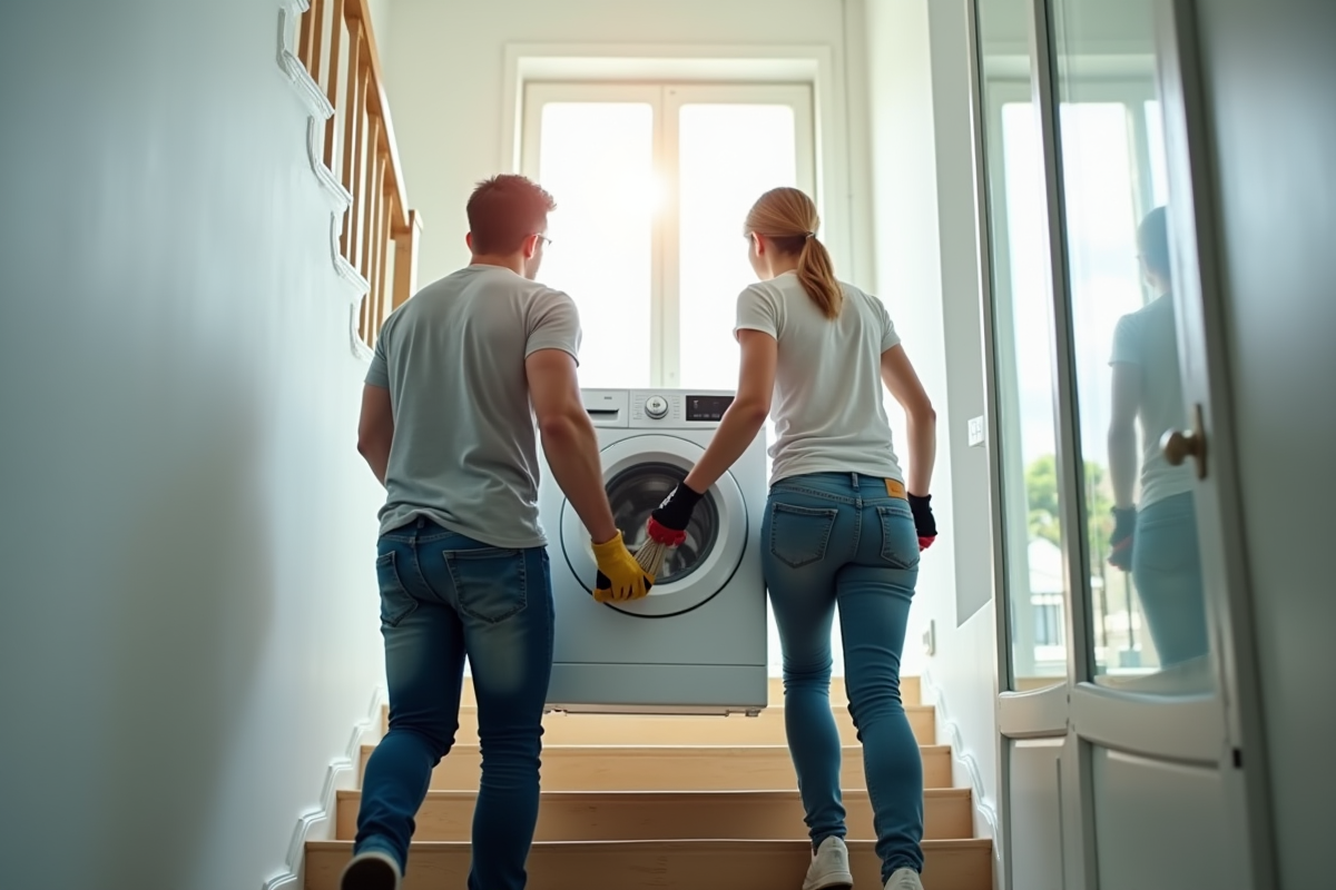 Deux personnes portant un lave-linge dans un escalier lumineux