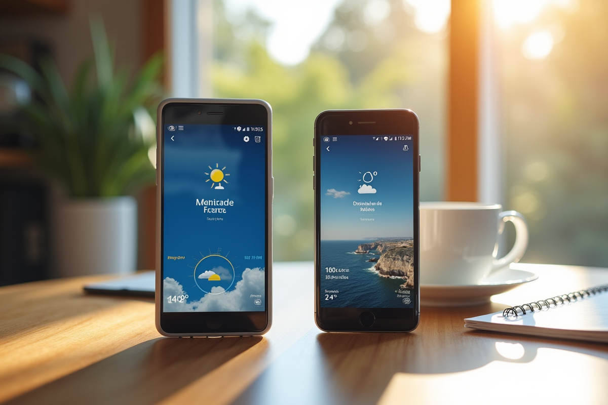 Deux smartphones affichant MétéoFrance et La Chaîne Météo