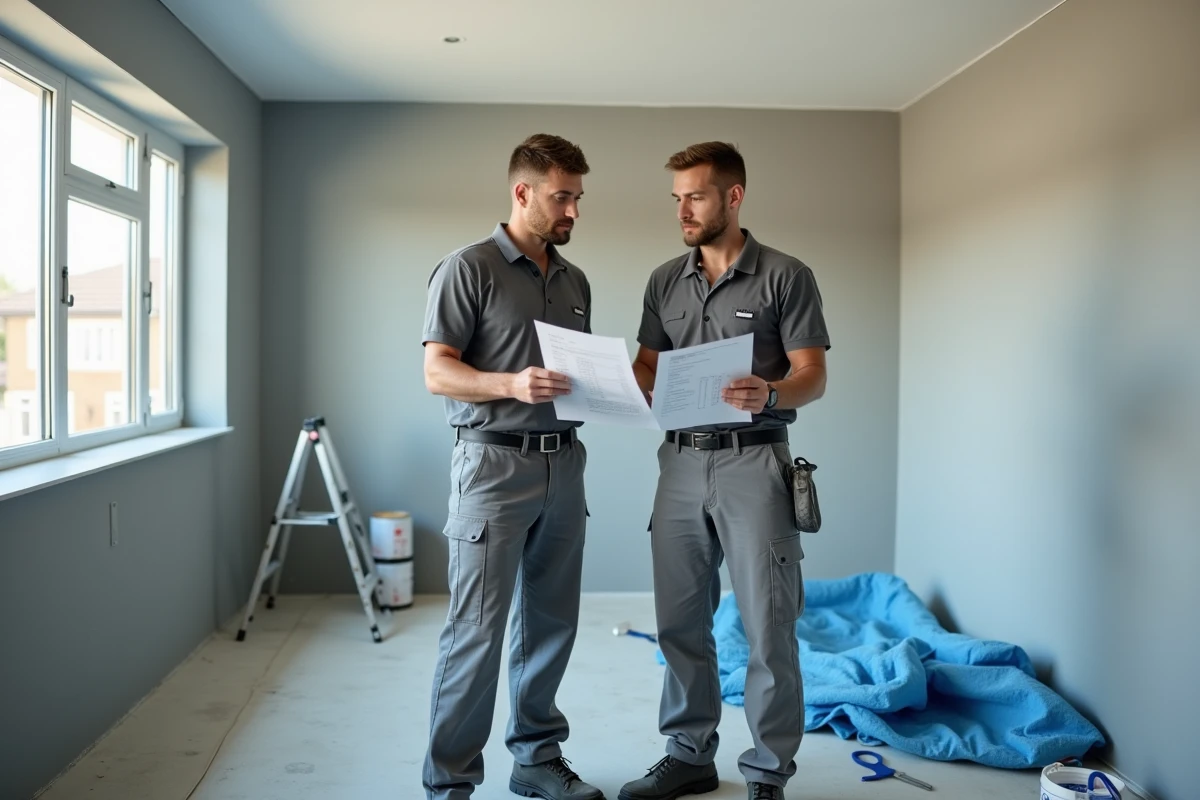 Deux peintres en bâtiment examinant un devis de travaux pour la peinture d'un plafond dans une maison en rénovation