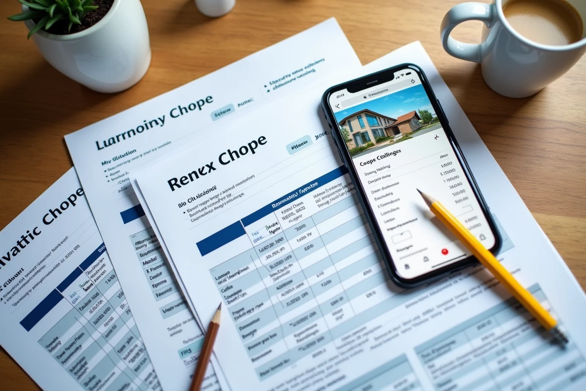 Vue aérienne de devis travaux imprimés et smartphone affichant une plateforme de comparaison de prix
