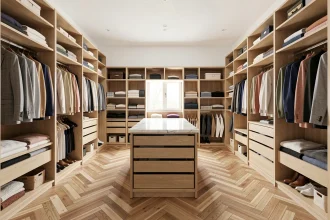 Dressing 2 personnes spacieux avec rangements symétriques en bois clair et îlot central en marbre, vue en profondeur